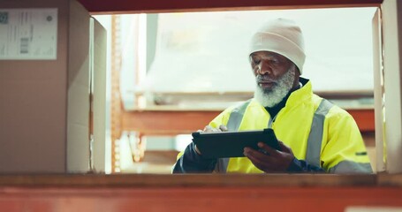 Industry, tablet and mature man in warehouse for inventory, stock check or distribution. Engineering, digital technology and African male industrial worker doing online research at logistics factory. - Powered by Adobe