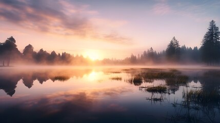 Fototapeta premium Frühmorgendliche Magie: Der Sonnenaufgang im Nebel