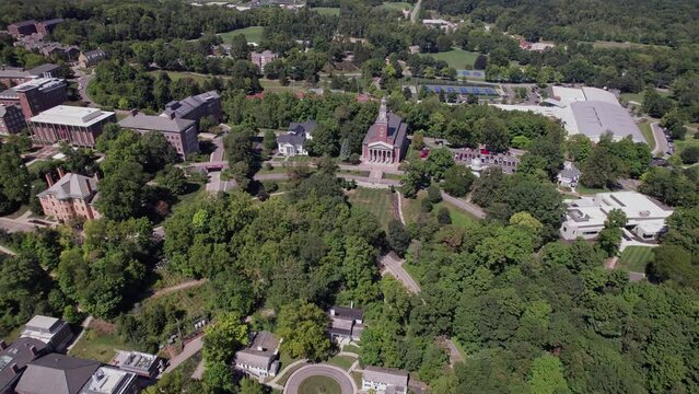 Granville, Ohio  United States - August 31 2023: Drone and aerial establishing shot and view of liberal arts college campus of Denison University east of Columbus, OH during sunny day