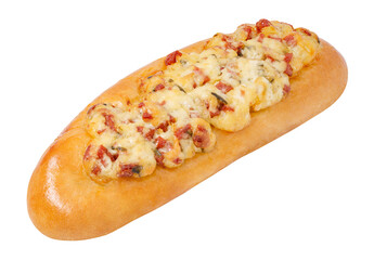 Pizza baguette with cheese and sausage isolated on white background with clipping path