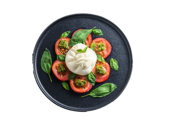 burrata Buffalo  cheese served with fresh tomatoes and basil leaves pesto sauce on black plate white background flatlay  space for text Isolated, transparent background