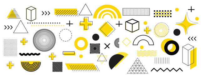 Set of 100 geometric shapes. Memphis design, retro elements for web, vintage, advertisement, commercial banner, poster, leaflet, billboard, sale. Collection trendy halftone vector geometric shapes.