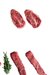 Set of different alternative  types of raw beef steaks,on a white stone background top view concept frame space for text vertical Isolated, transparent background