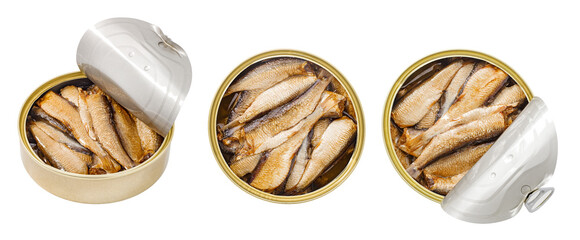 Sprats fish in oil in open round cans, .set, isolated on white background - obrazy, fototapety, plakaty