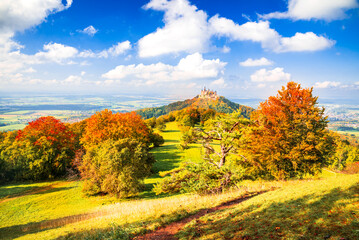 Naklejka premium Burg Hohenzollern, Germany - Breathtaking autumn landscape in the Swabian Alps, Baden-Wurttemberg