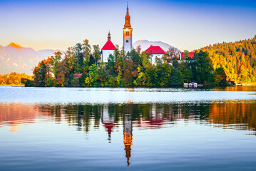 Bled, Slovenia - Sunset with Julian Alps and Church Santa Maria, beautiful Europe.