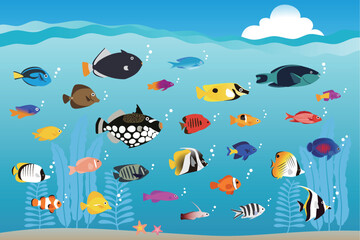 海を泳ぐカラフルな熱帯魚（トロピカルフィッシュ）のイラスト