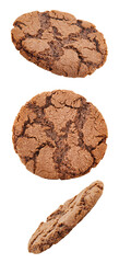 Oatmeal cookies chocolate brown, set falling, hanging, flying, soaring, isolated on white background
