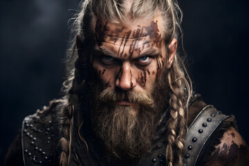 A Portrait of Fearless Powerful Warrior Viking man face with blood marks 
