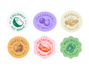 Hand drawn nut illustrations. Colourful stickers template set
