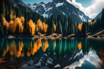 Peaceful and secluded mountain lake, reflecting the surrounding peaks and forests - AI Generative