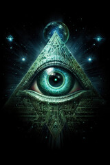 The Third Eye. Blue eye in a pyramid against cosmic background.