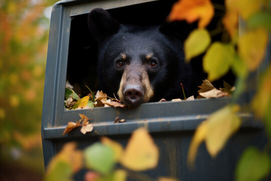 A black bear crawls into a suburban trash can.