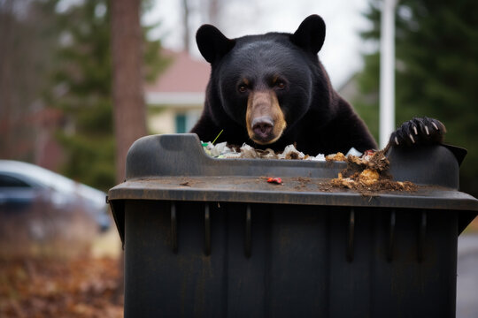 A black bear crawls into a suburban trash can.