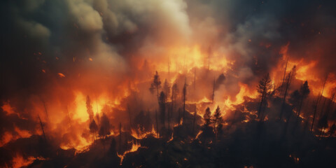 Forest fire top view. Tongues of flame rage among the trees, raising clouds of smoke.