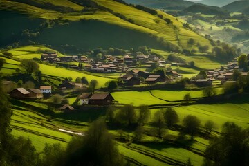 Picturesque and charming countryside village nestled in a valley, surrounded by rolling hills - AI Generative