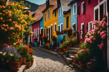 Fototapeta na wymiar Quaint village road adorned with colorful houses and blooming flowers - AI Generative