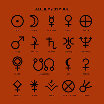 icon set of esoteric glyphs, pictograms and symbols. Golden mystic and alchemy signs linear style