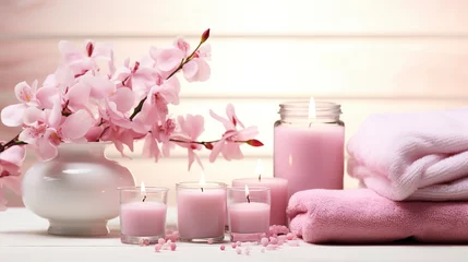 Foto auf Acrylglas Beautiful spa salon pink composition in wellness center. Spa still life with aromatic candles, sakura flowers, sea ​​salt and towel. Beauty spa treatment and relax. Relaxing pink background. © Vladimir Sazonov