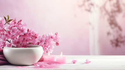 Obraz na płótnie Canvas Beautiful spa salon pink composition in wellness center. Spa still life with aromatic candles, sakura flowers, sea ​​salt and towel. Beauty spa treatment and relax. Relaxing pink background.