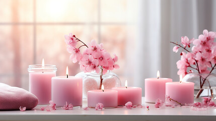 Beautiful spa salon pink composition in wellness center. Spa still life with aromatic candles, sakura flowers, sea ​​salt and towel. Beauty spa treatment and relax. Relaxing pink background. - 642148676