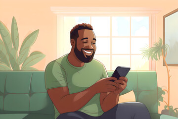 A man smiling while using his phone sitting on a couch.