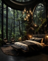 Photo of a cozy jungle bedroom with a bed positioned next to a window created with Generative AI technology