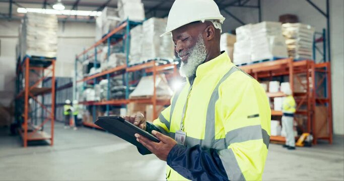 Tablet, black man and digital inventory inspection with ecommerce in warehouse for logistics, supply chain and export packaging industry. Cargo, inspector and online package in factory for shipping