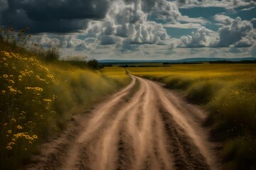 Rustic dirt road stretching into the distance, lined with wildflowers - AI Generative