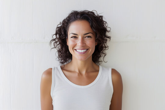 Smiling 40 year old brunette woman in white t-shirt standing in front of a white wall.