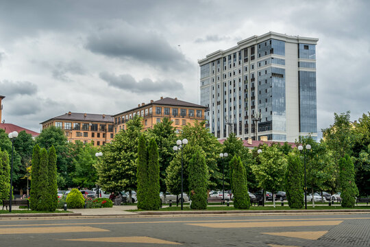 The empty streets of Grozny, Republic of Chechnya, during the grey cloudy rainy day in Southern Russia.
