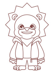パーカーを着たかわいいライオンのキャラクター線画イラスト