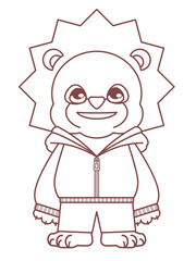 パーカーを着たかわいいライオンのキャラクター線画イラスト