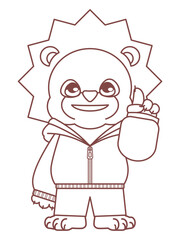 パーカーを着たかわいいライオンのキャラクター線画イラスト