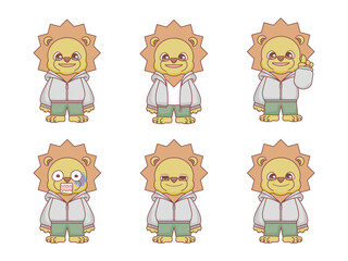 パーカーを着たかわいいライオンのキャラクターイラストセット