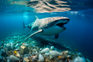 Fototapeta na wymiar Big shark swimming among plastic garbage on the ocean-bed