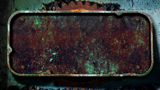 Rusty old empty sign falling down with moving gear animation and green screen zooming in