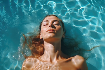 High angle view of woman relaxing in the swimming pool under clear blue water with closed eyes. Female face out of water, summer vacation concept.  - Powered by Adobe