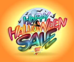 Happy Halloween sale web banner template with shiny 3D lettering