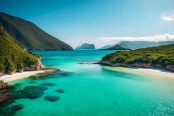 Obraz premium Serene and idyllic coastal lagoon, with calm turquoise waters and a sandy beach - AI Generative