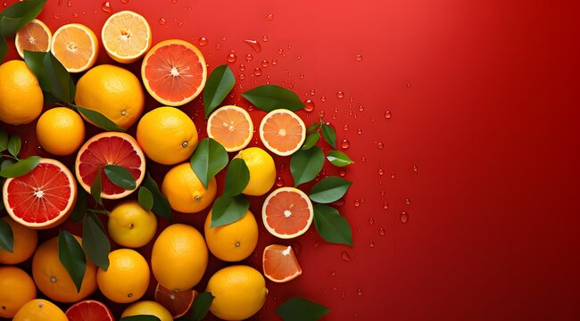 Overhead view of scattered blood oranges and oranges on red counter with leaves and water drops