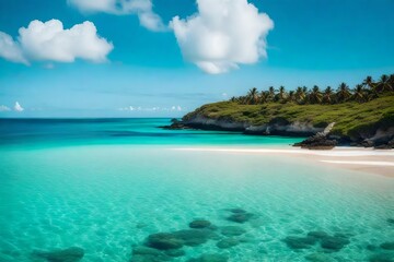 Fototapeta na wymiar Serene and idyllic coastal lagoon, with calm turquoise waters and a sandy beach - AI Generative