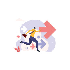 Businessman running with Arrows for Growth, Competition, Challanges and Development, Moving Forward, Directional Guidance