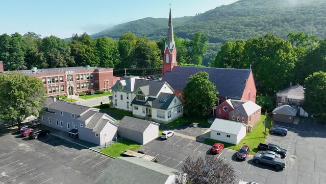 Flying low over a church rooftop in Brattleboro, Vt.