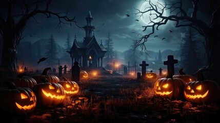Fototapeta na wymiar Halloween pumpkins in graveyard on the spooky night. Halloween concept.