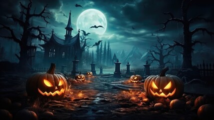 Fototapeta na wymiar Halloween pumpkins in graveyard on the spooky night. Halloween concept.