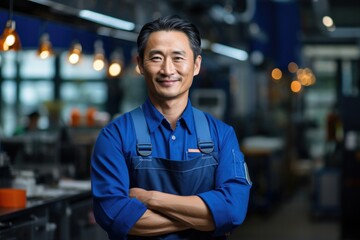 Technician, Asian male auto mechanic crossed arms in modern auto repair shop, garage.