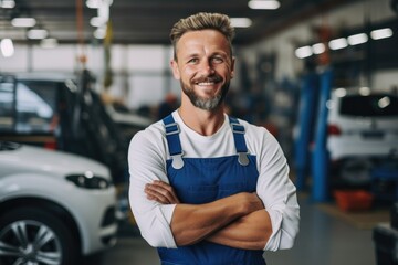 Fototapeta na wymiar Technician male auto mechanic crossed arms in modern auto repair shop, garage.
