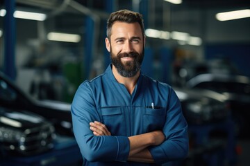 Technician male auto mechanic crossed arms in modern auto repair shop, garage.