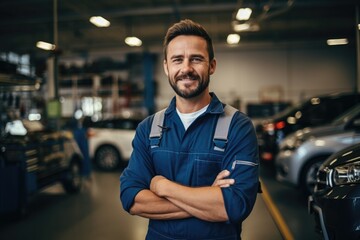 Technician male auto mechanic crossed arms in modern auto repair shop, garage. - obrazy, fototapety, plakaty